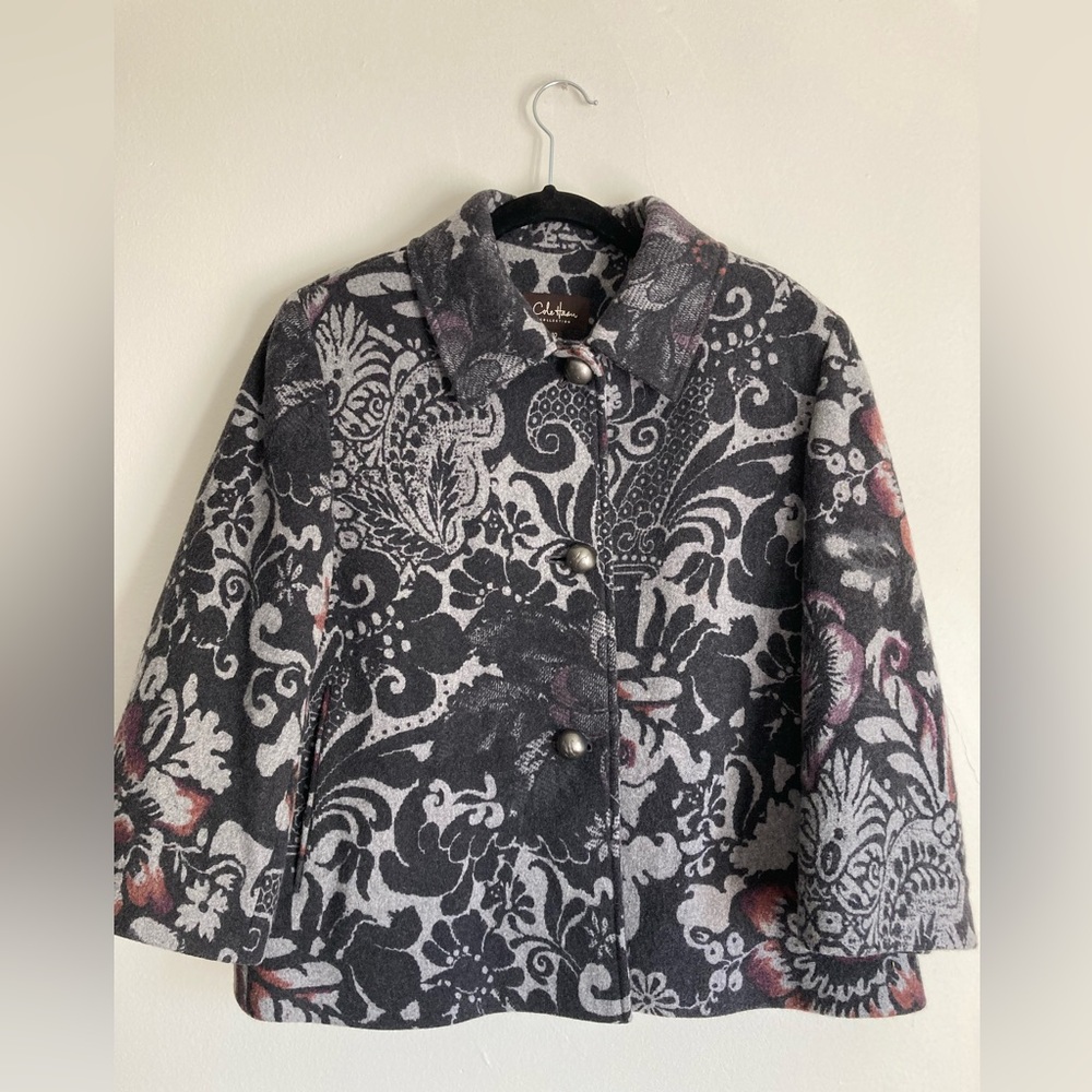Cole Haan Wool Blend Short Swing Coat size 10 Gray Floral Button Up Lined